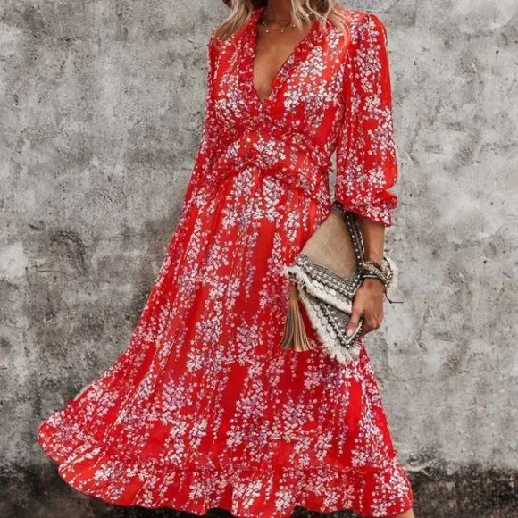 Red Floral Ditsy Ruffle Hem Dress Shabby Chic Cottagecore - Picture 1 of 5